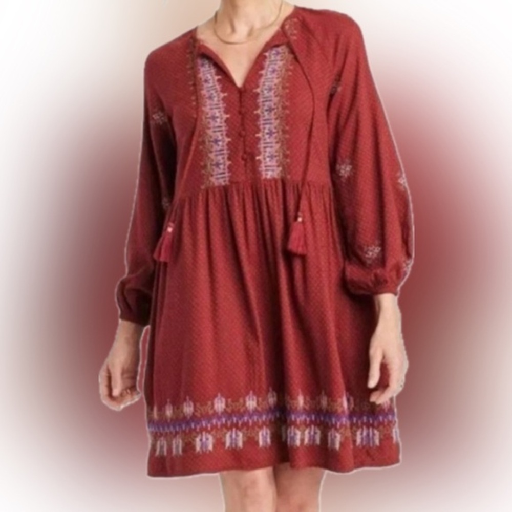Knox Rose Cranberry Embroidered Peasant Boho Dress women’s XXL NWT